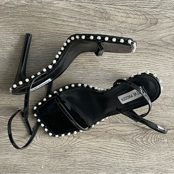 Steve Madden Zelle Studded High Heels Nudity Ankle Strap 8.5 black Square Toe - Picture 3 of 8